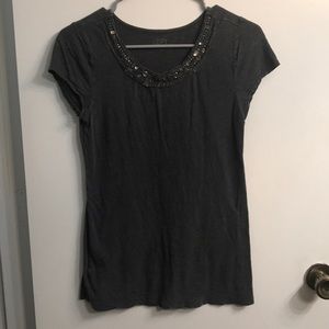 Grey top with jewel neckline